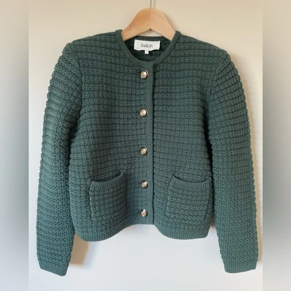 NEW Ba&sh Bash Gaspard Tweed Cardigan Jacket Vertbouteille Dark Green | sz 1 / S